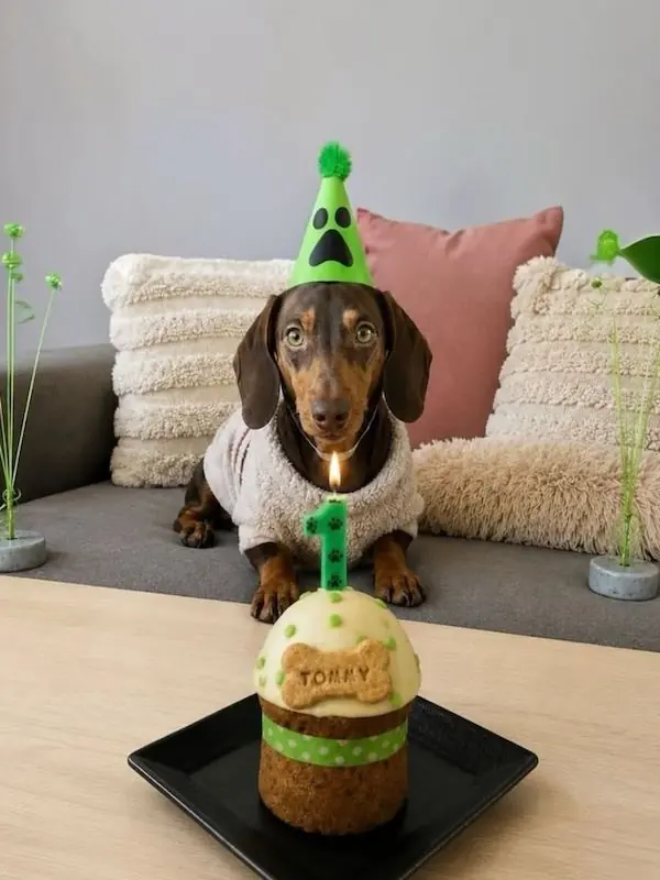 Perro con torta individual y vela número 1
